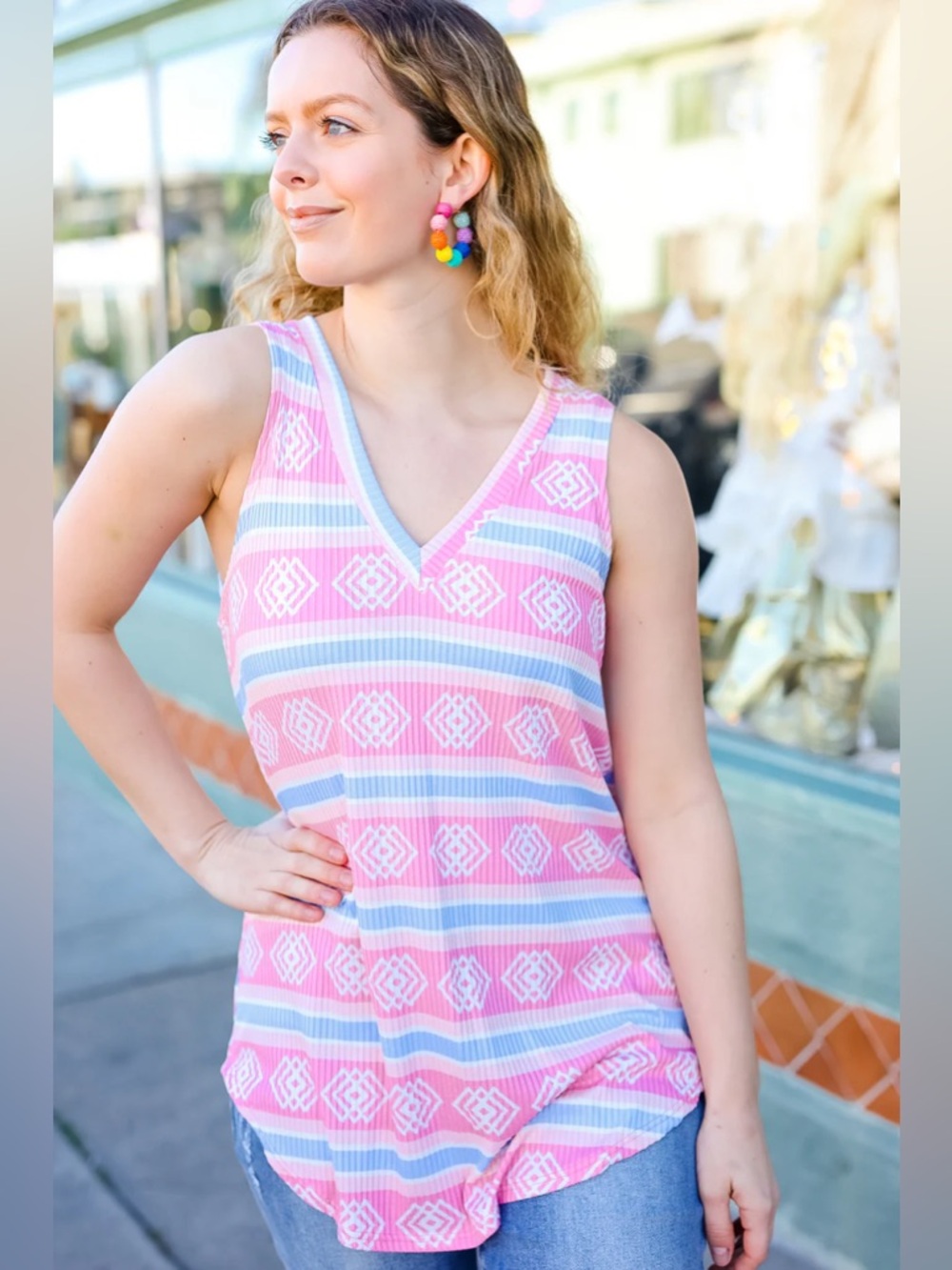 139 Viamor Pink & Blue Multi Stripe Print Curve Hem Tunic Tank Top